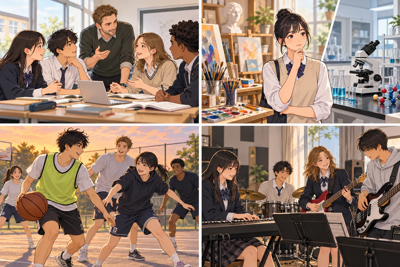 School-life illustration: class discussion, subjects, sports and music
